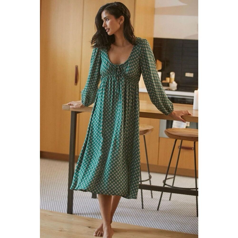 Anthropologie Adelaide Tie Front Midi Dress Green Boho Cottagecore Balloon Sleev